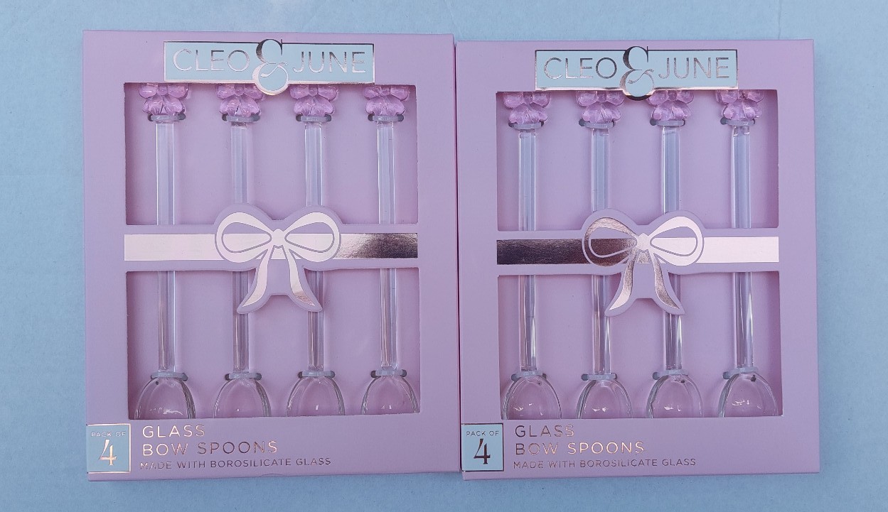 2 sets of 4 pink bow borosilicate glass spoons