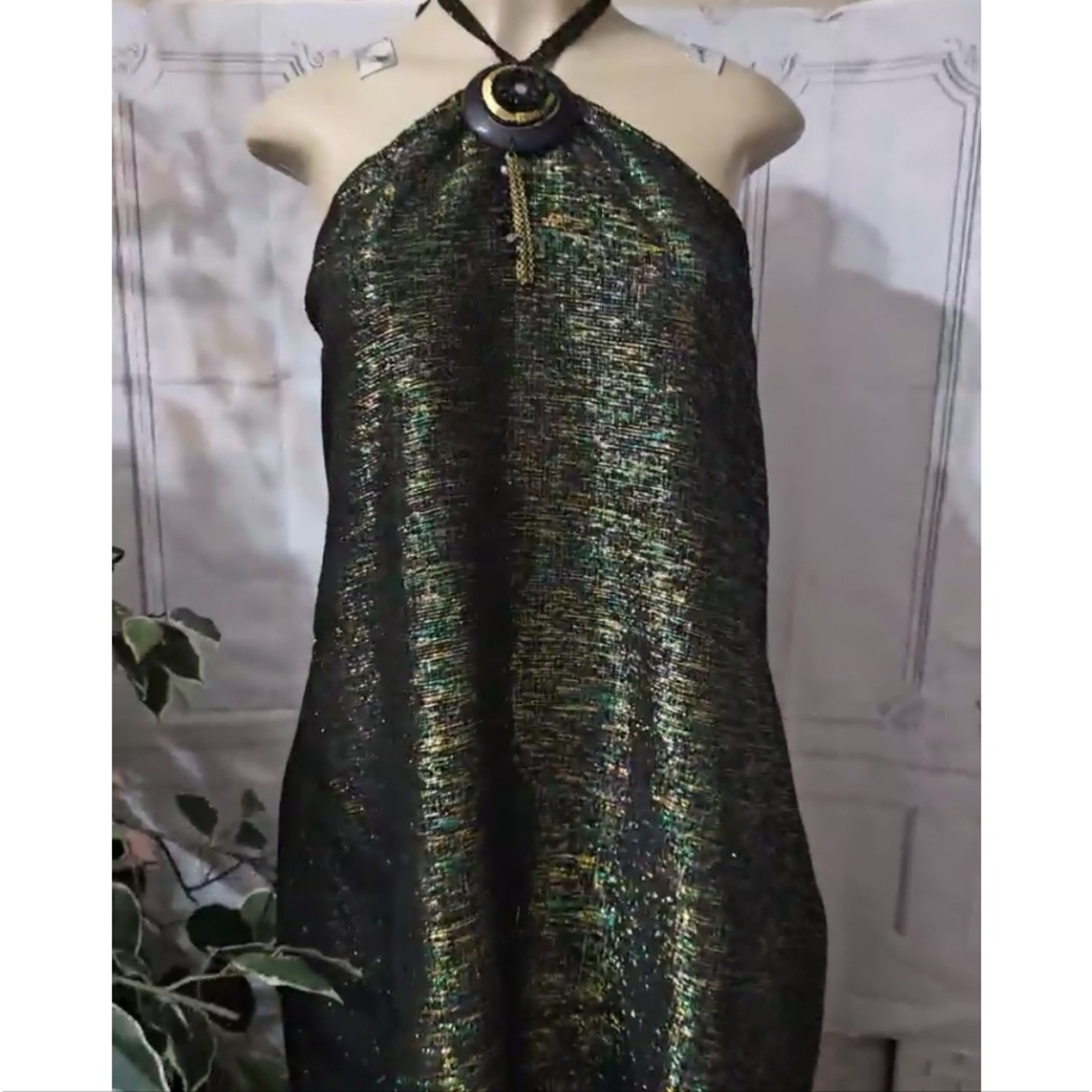 NWT Molato Made in India Black and Gold Halter Maxi Dress 2X