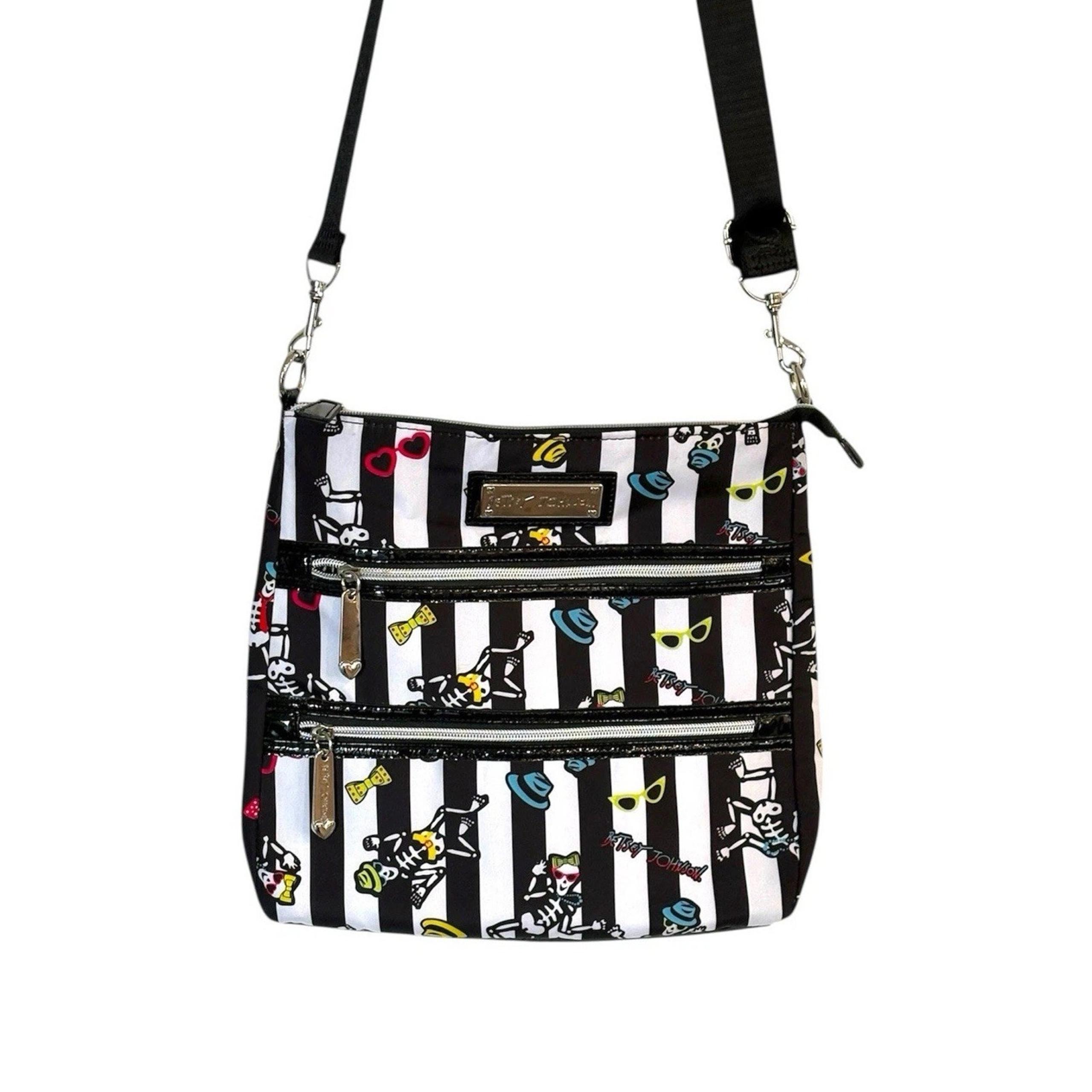 Betsey Johnson Crossbody Bag Colorful Skeleton Stripe 3 Zip Pocket Purse EUC