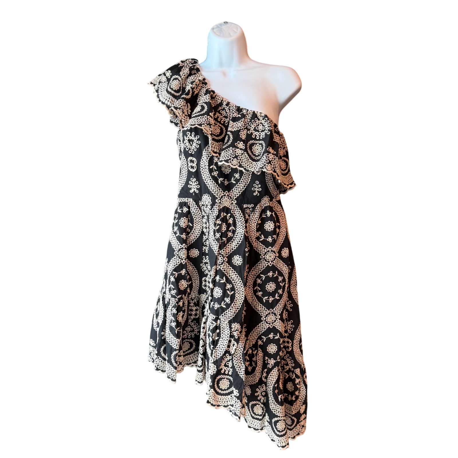 LOVESHACKFANCY Pamela Asymmetrical One Shoulder Eyelet Dress Black Size Small