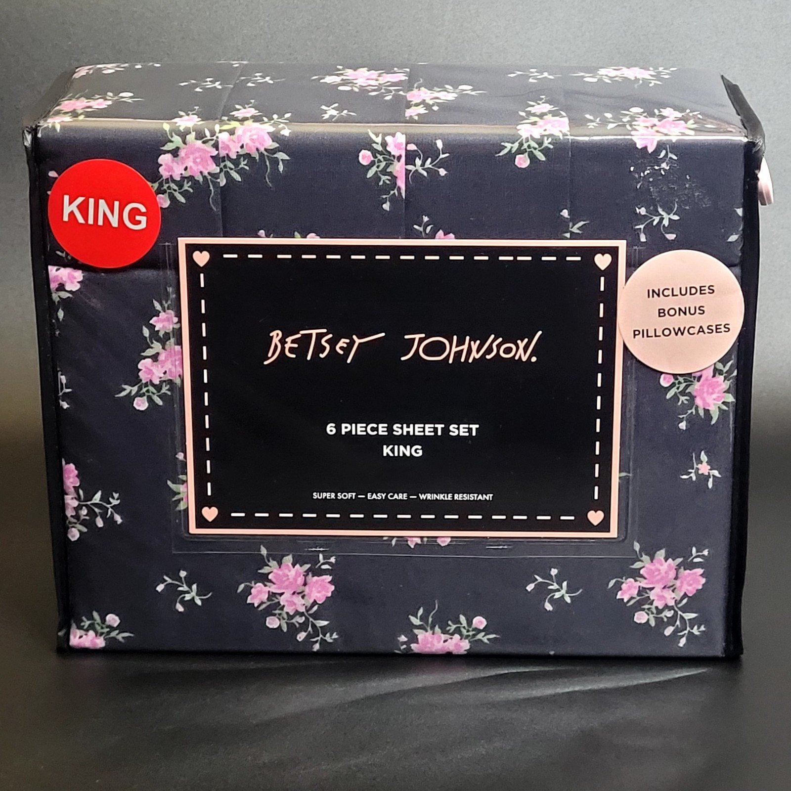 Betsey Johnson Flower Dreams Microfiber Black Pink Floral Print King Sheets NEW