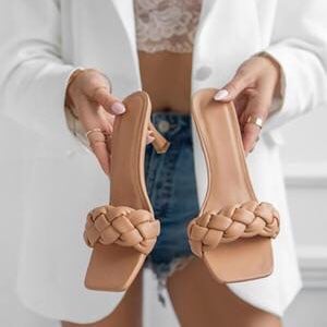 Beige Faux Leather Square Woven Mule