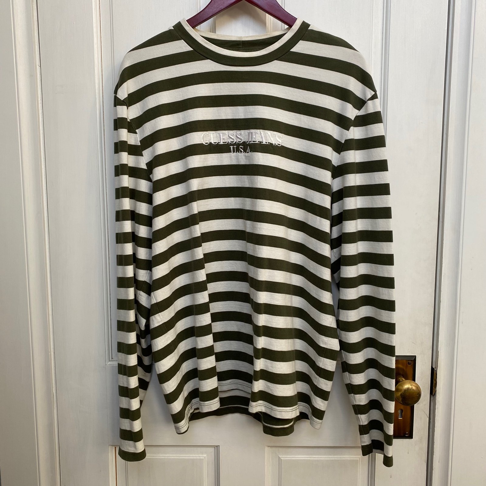 Men’s Guess Jeans Complexcon Exclusive Green Striped Long Sleeve Shirt Sz Large