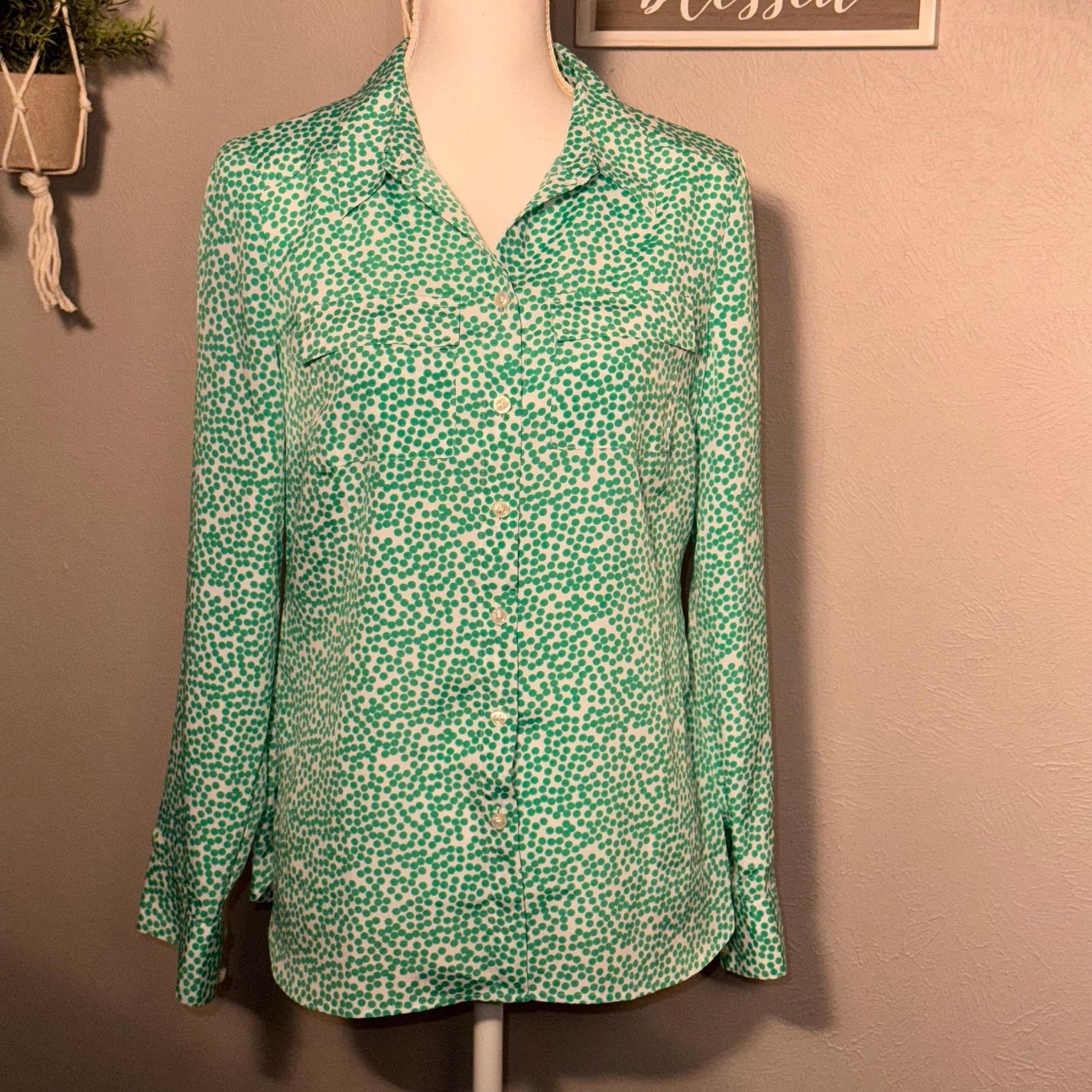 Ann Taylor Womens Lightweight Long Sleeve Button-down White & Green  Shirt Sz 2
