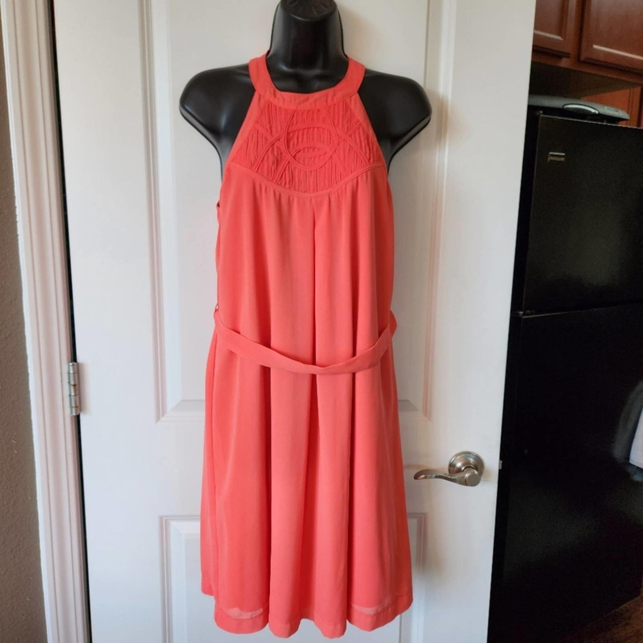 YA LOS ANGELES Coral Orange Silk Blend High-Neck Lined Mini Dress Womens Large L
