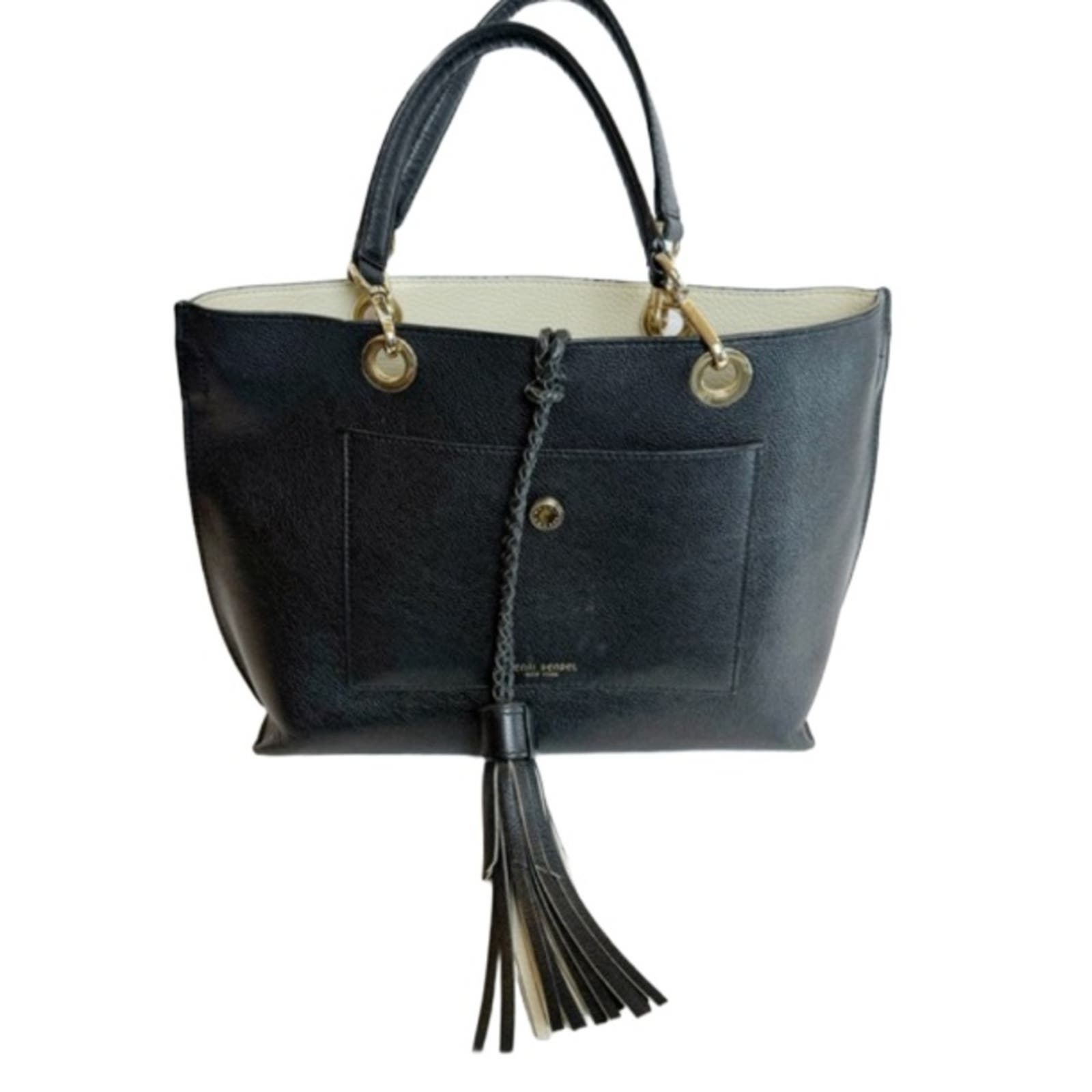 Henri Bendel Tassel Black Leather Satchel Tote Double Handle Exterior Pocket