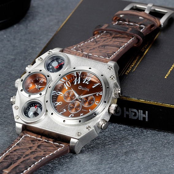 Men's Sport Army Multi-functional 2 Time Zones Dial Leather Quartz Wrist Watch