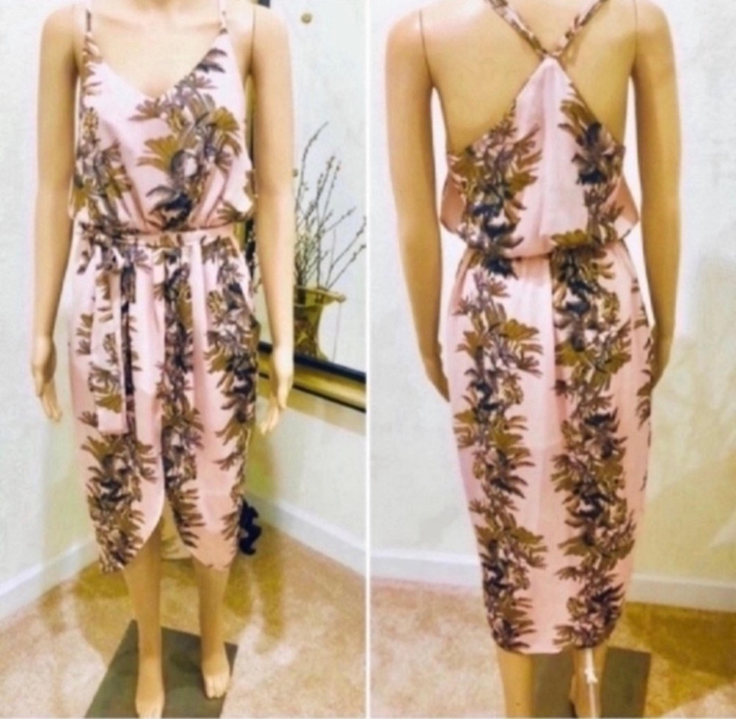 Etiquette palm leaf print rose blush midi dress S.