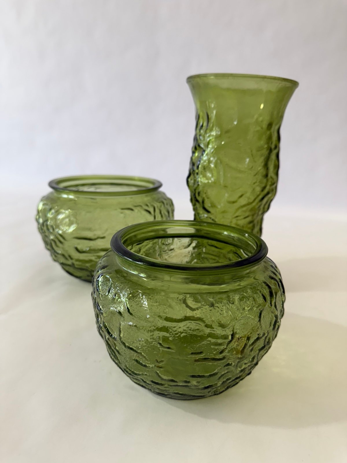 3 Vintage 70s Green E.O. Brody Co. Cleveland O. USA Crinkle Textured vases