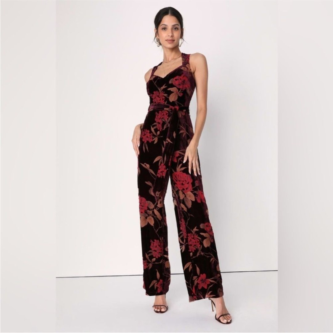 Lulus Truly Fabulous Burgundy Velvet Floral Burnout Wide Leg Jumpsuit XS Lulu's