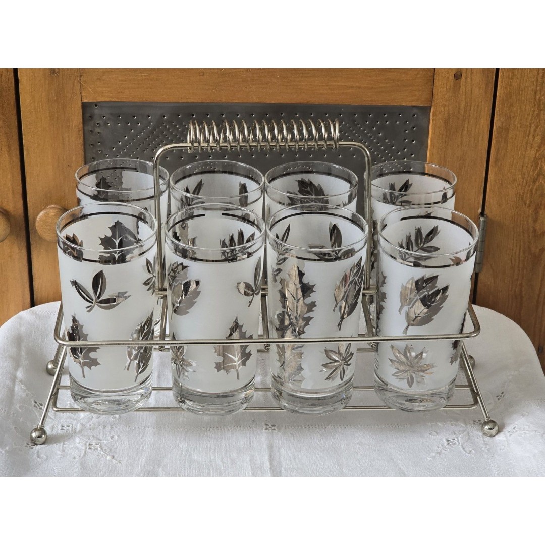 Mid Century Modern Silver Foliage 8 Glass Bar Caddy By Libbey