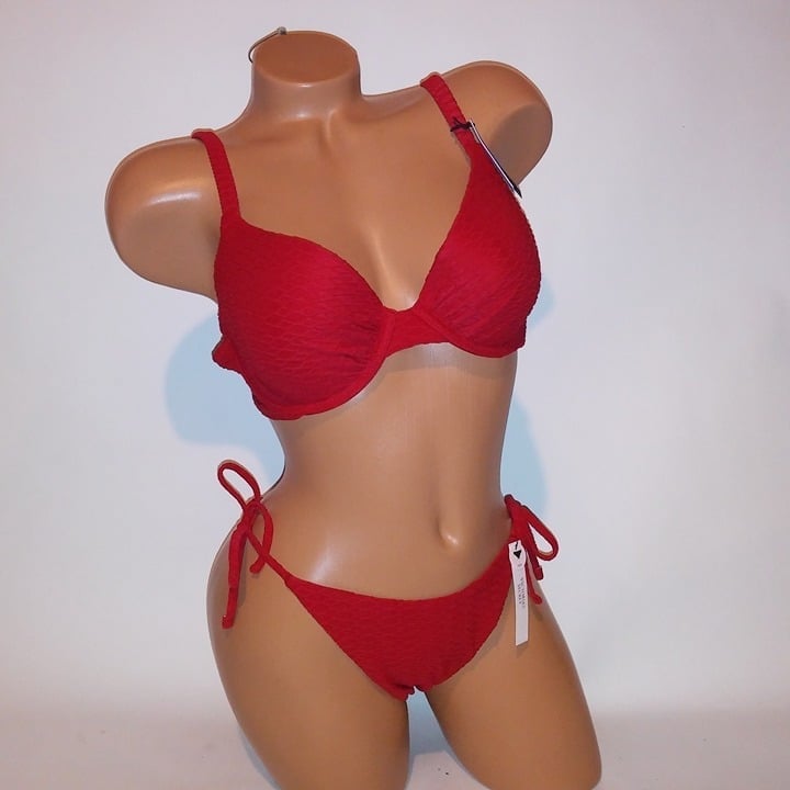 34B/S Victoria Secret Swim Bikini Top & Bottom Cheeky Red Push Up Textured Strin