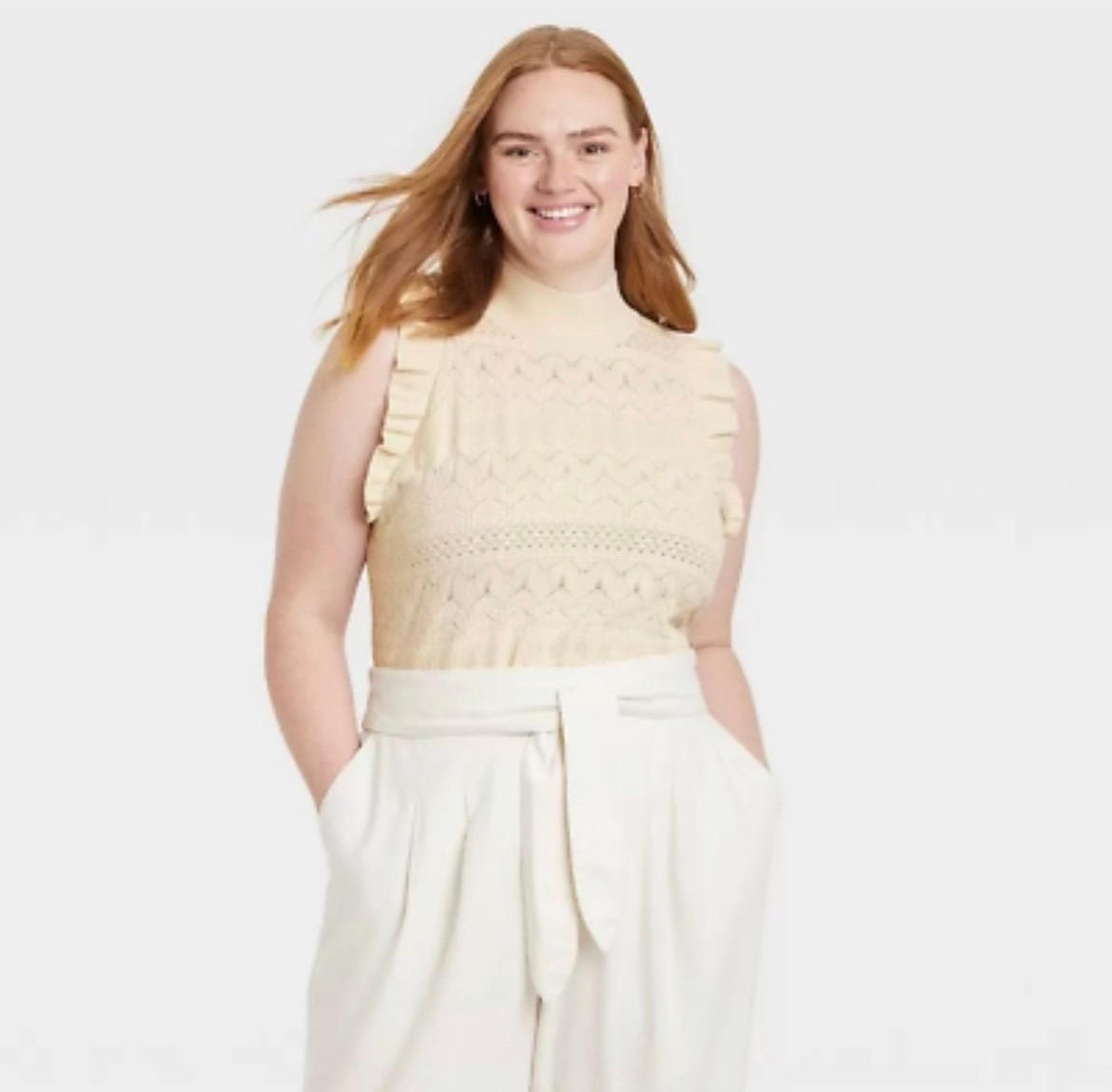 Women's Plus Size Crochet Halter Neck Sweater Vest - Who What Wear Cream 1xl