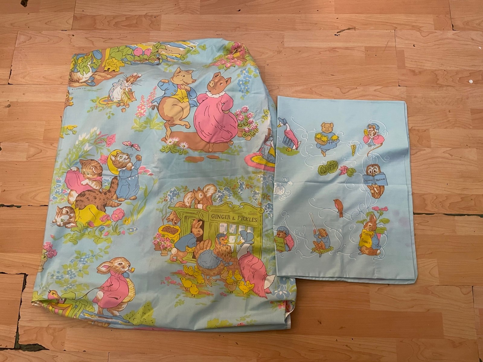 VTG BEATRIX POTTER Characters Twin Fitted Sheet & Pillowcase Wamsutta Blue PETER