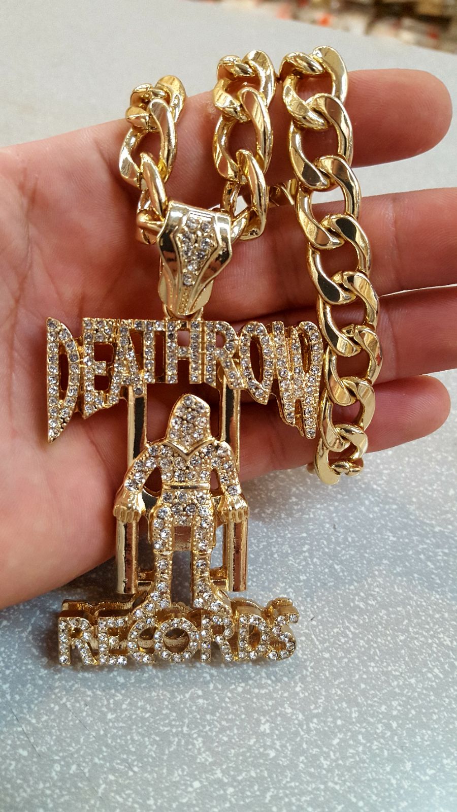 Hip Hip Gold Tone Large Deathrow record Pendant & 10mm 30 Cuban Chain Necklace