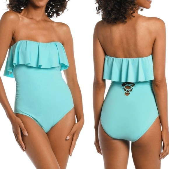 La Blanca Light Blue Ruffle Bandau One Piece Removable-Strap Swimsuit