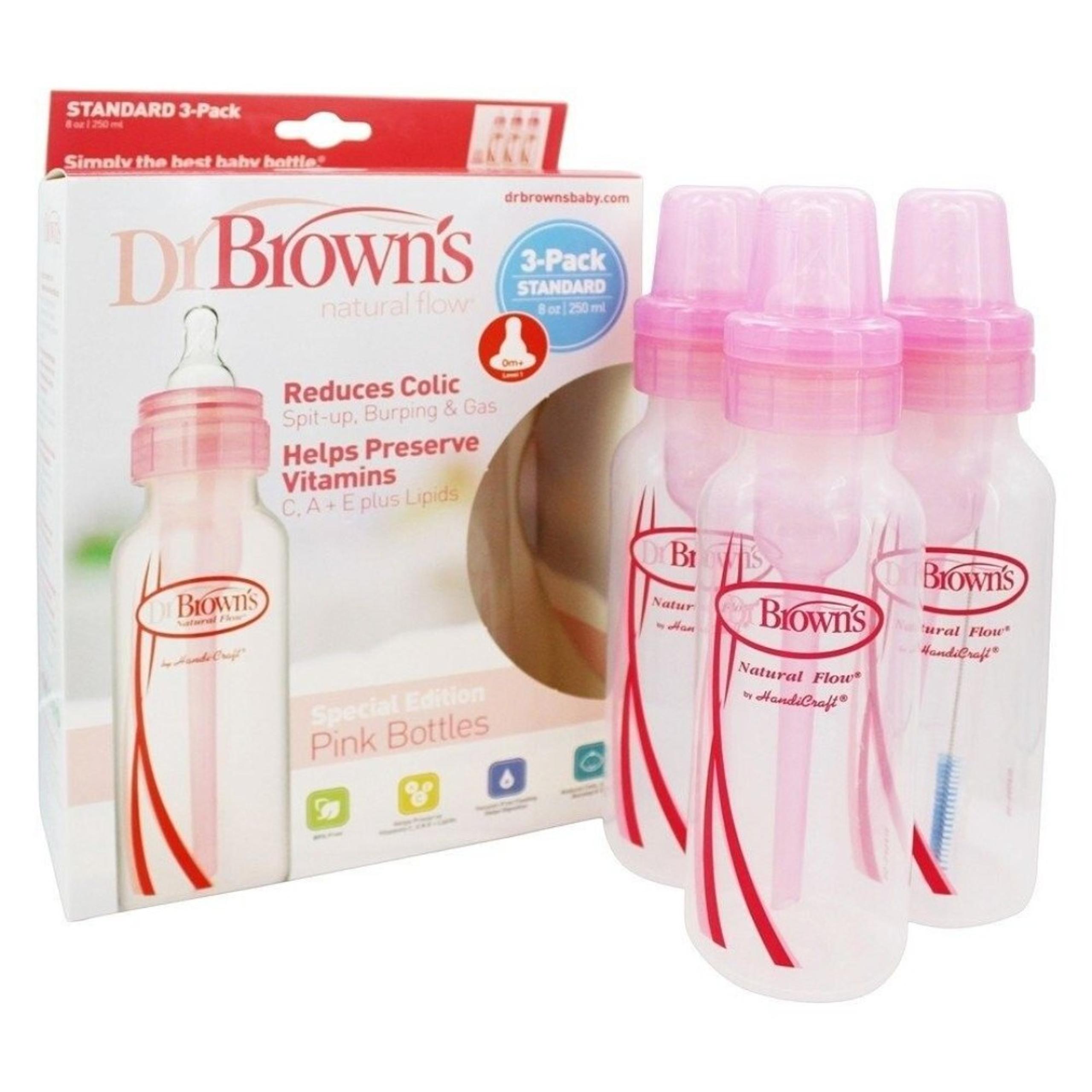 Dr. Brown's Anti-Colic Natural Flow Baby Bottle 3-Pack Pink 8oz FAST FREE SHIP