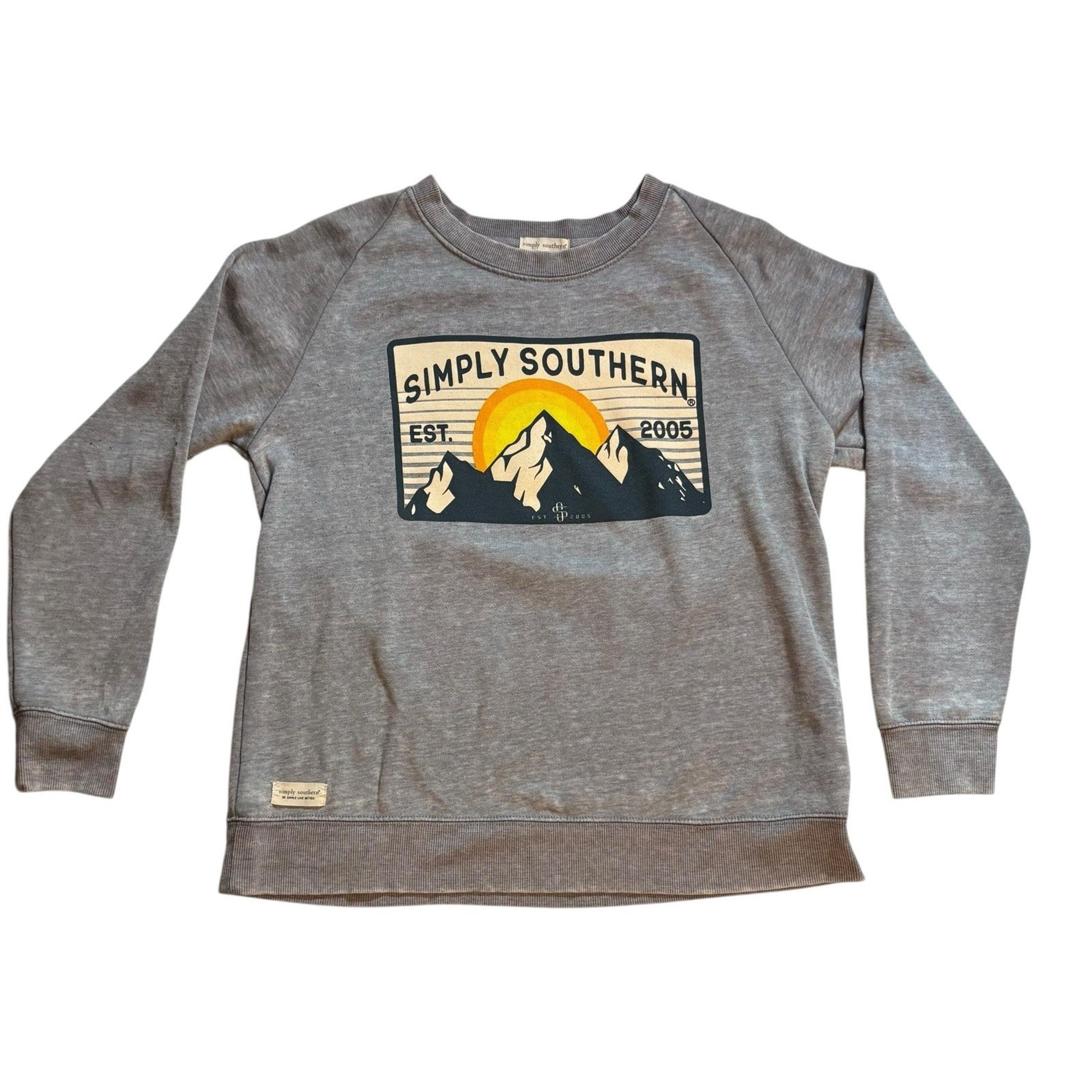 Simply Southern Grey Mountain Smoke Graphic Crew Sweatshirt Women's Small SOFT