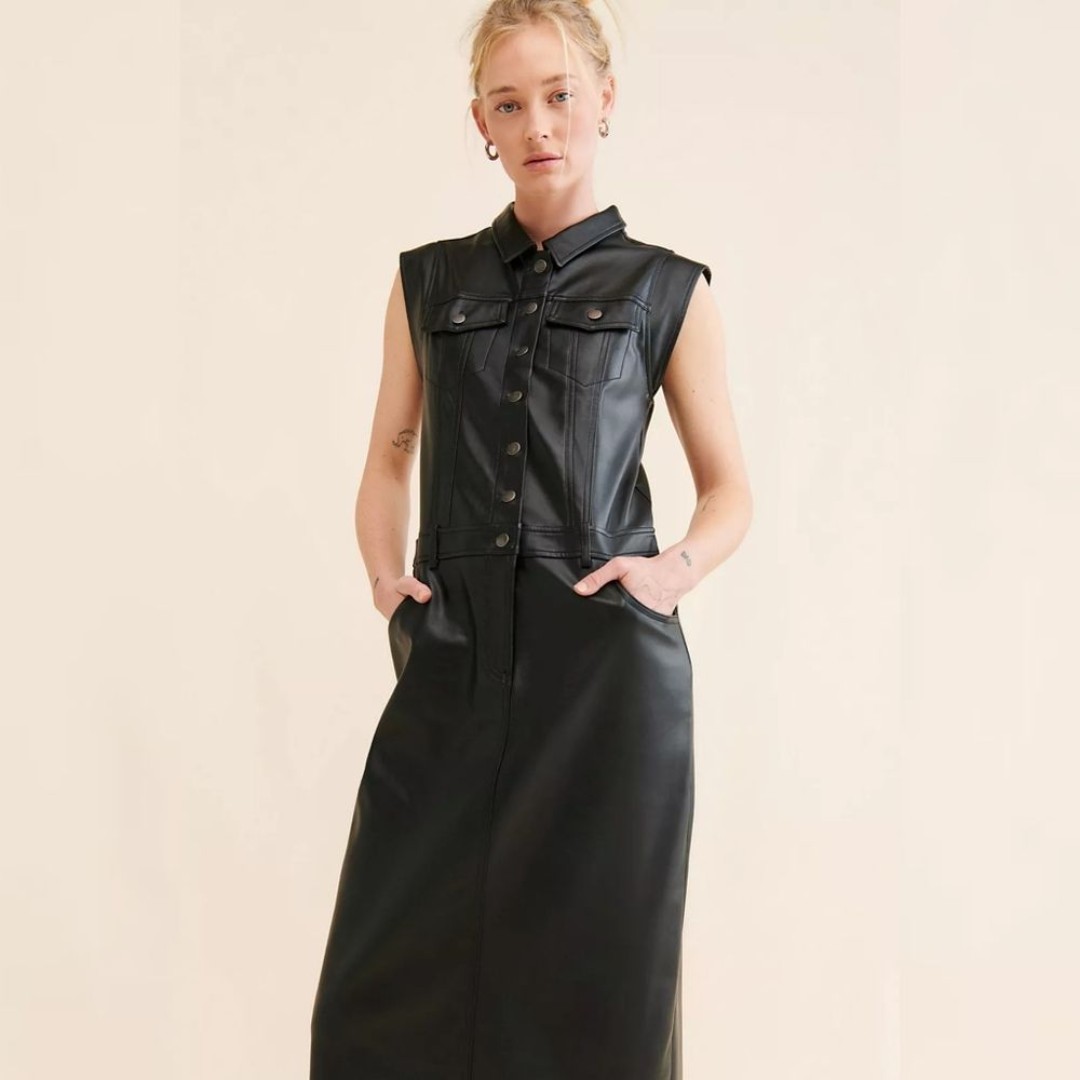 Free People Danni Vegan Leather Midi Dress In Black Women's Size XL