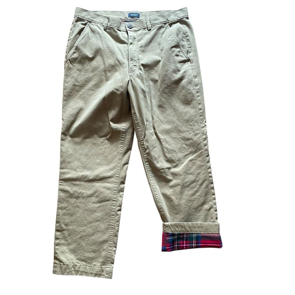 Lands End Men's Traditional Fit Red Plaid Flannel Lined Khaki Chinos Size 36