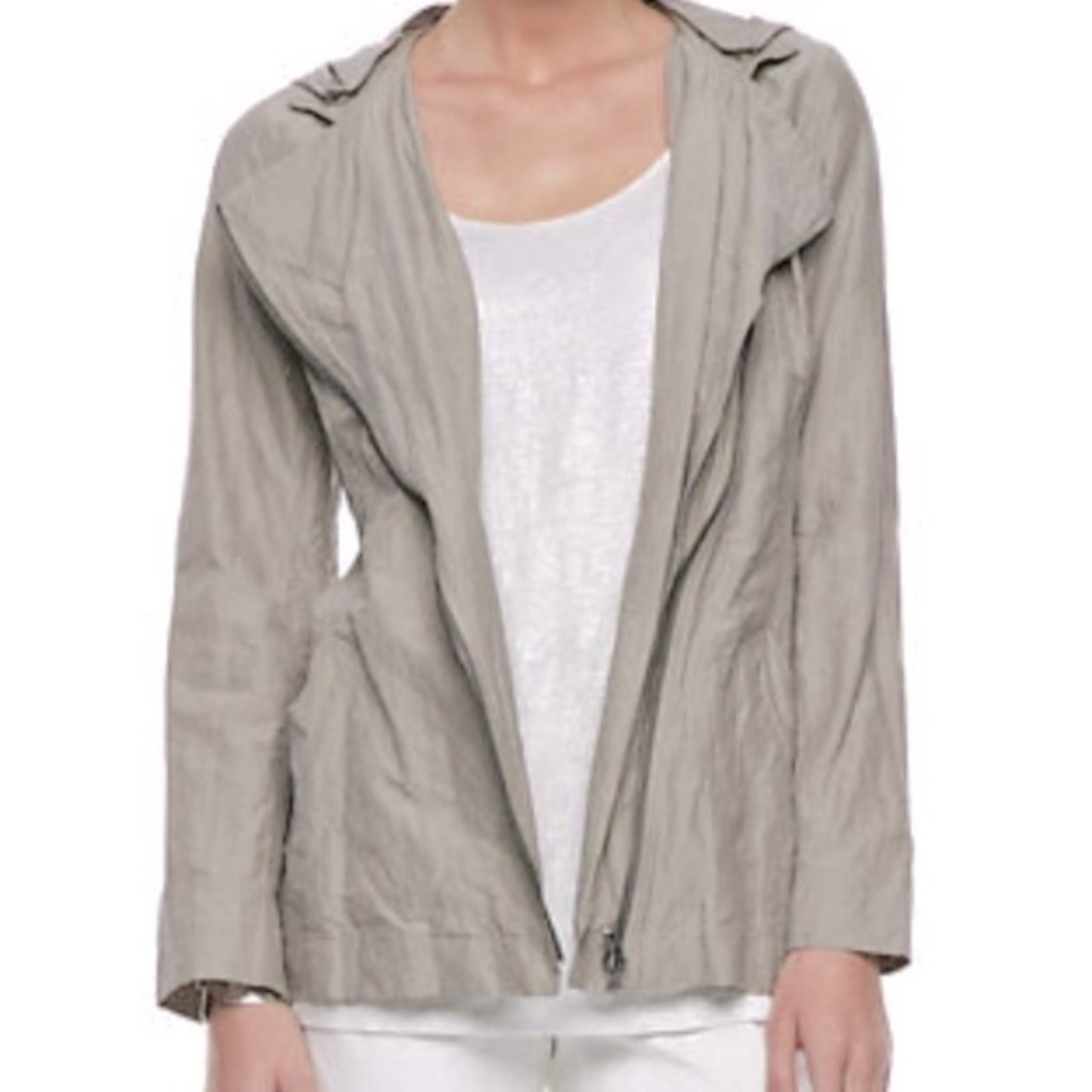 Eileen Fisher rumpled cotton steel metallic asymmetrical zip hooded jacket
