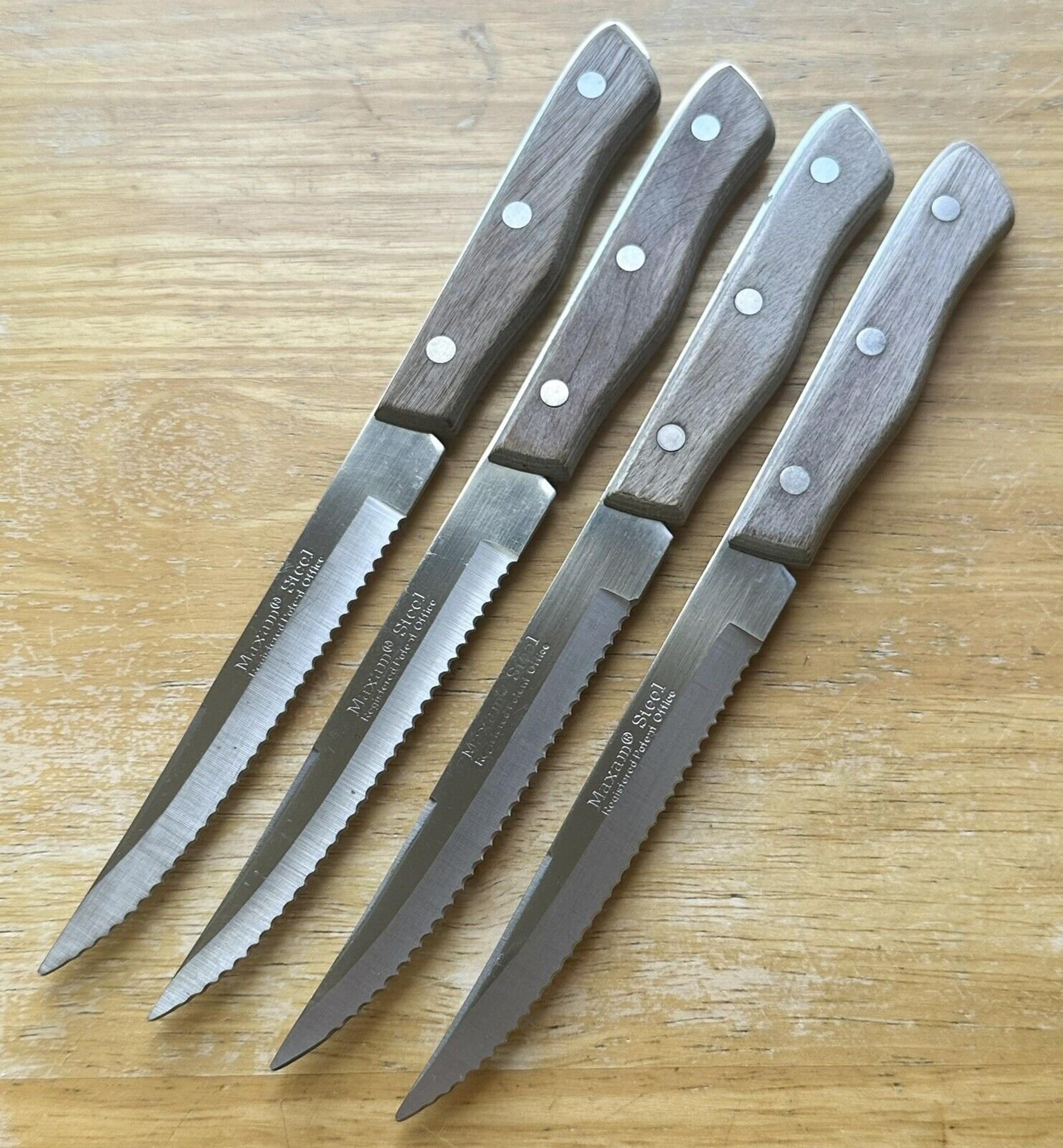 Set Of 4 Sharp Vtg MAXAM STEEL 4.75” Blade Stainless Serrated Japan Steak Knives