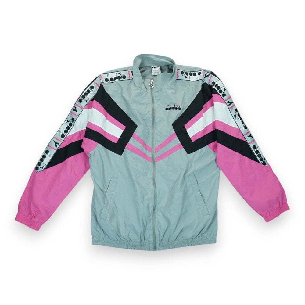 Diadora Men's MVB Windbreaker Gray Pink Full Zip Retro Jacket, Size L High Rise