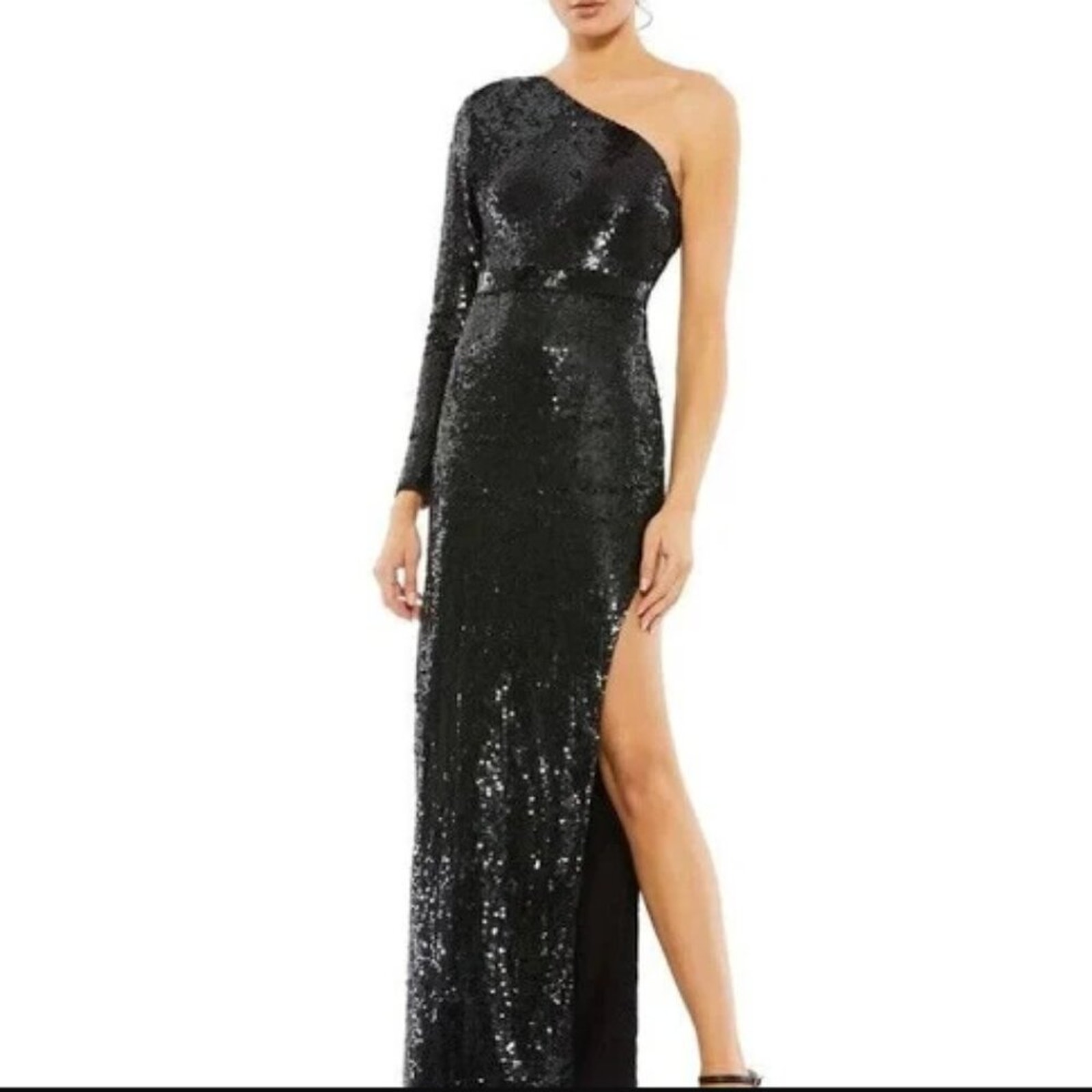Mac Duggal 10788 Sequined One Sleeve Column Gown Black Long Sleeve Dress NWOT