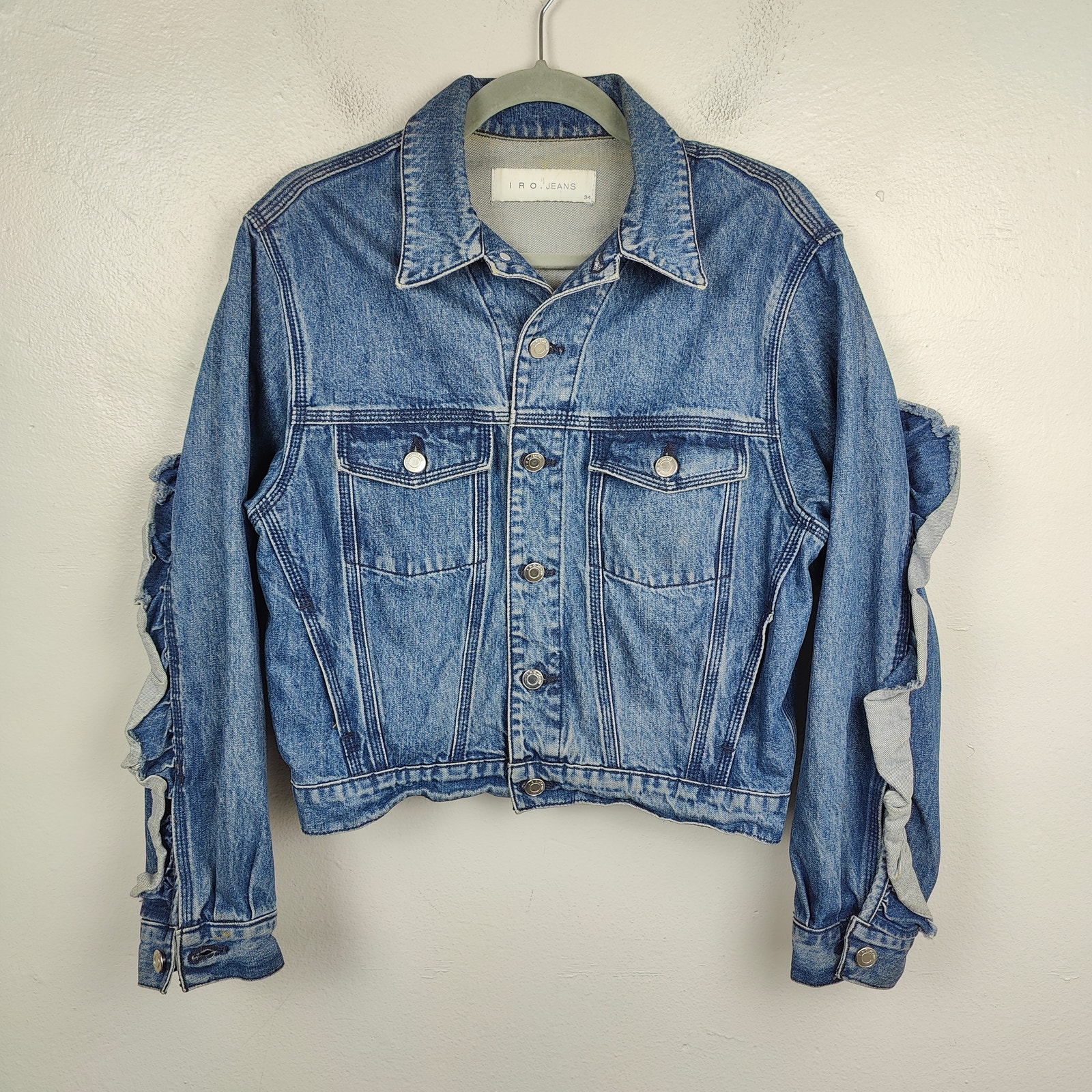 IRO Donna Ruffle Oversized Denim Jean Jacket Womens FR 34 US XS Button Up Preppy