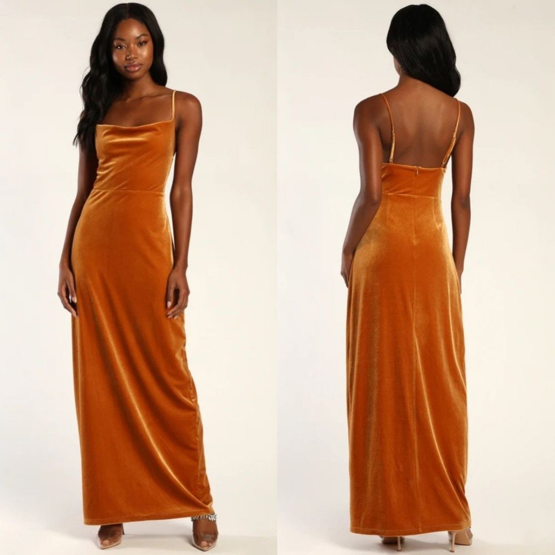 Lulu's Immensely Impressive Marigold Yellow Velvet Cowl Neck Maxi Dress M Party