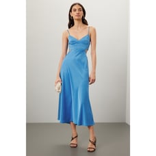 ALC Blakely Satin Maxi Dress Blue Side Cutouts Smocked Sleeveless Sz 6