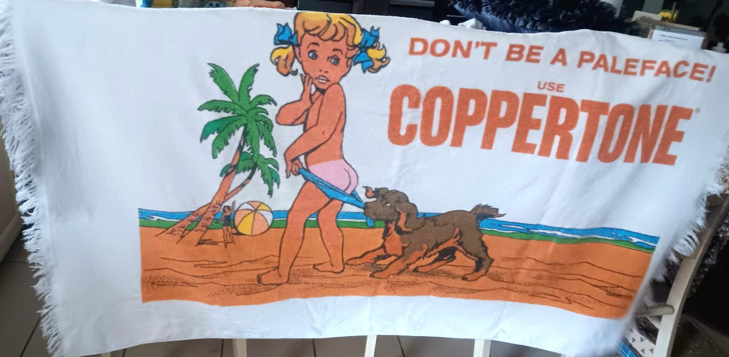 Vintage Beach Towel Fringed "Don't be a Paleface! Use Coppertone" Rare