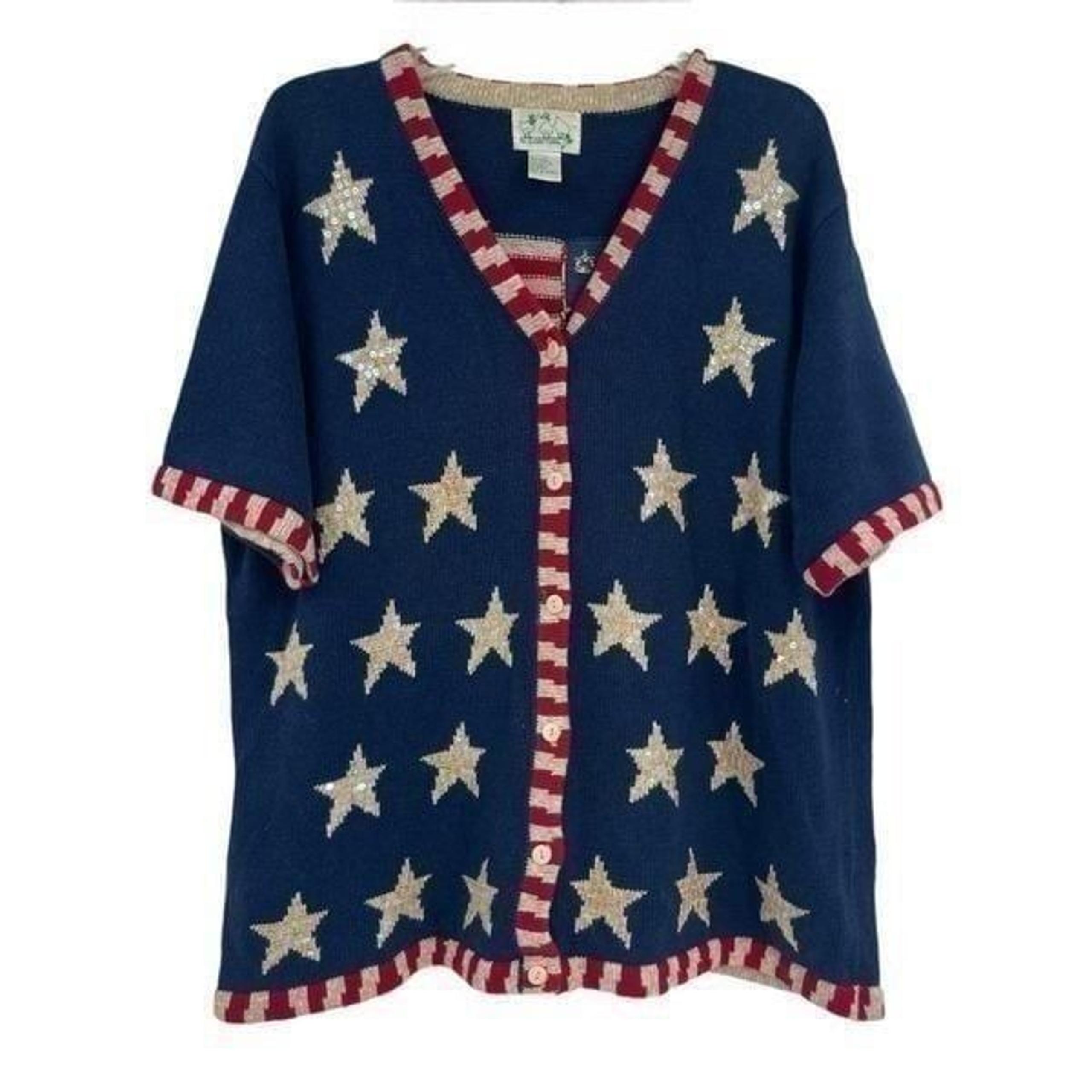 Quacker Factory Sweater Women Size 1X Cardigan USA Flag Stars Americana Red Blue