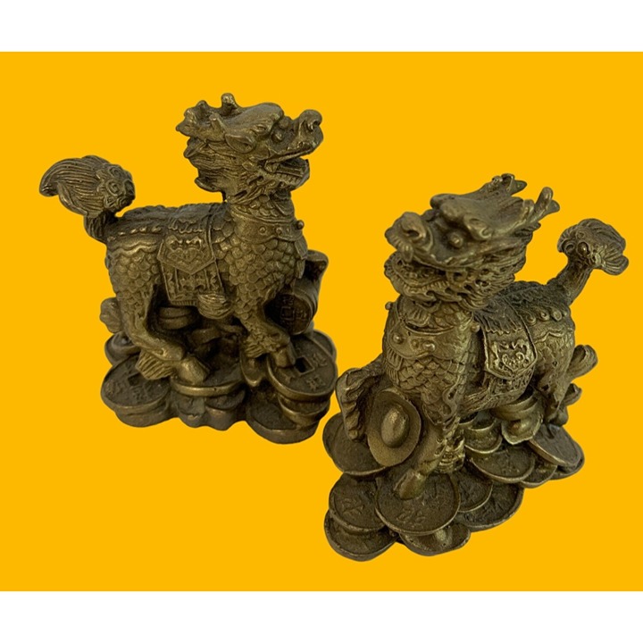 VTG Brass FengShui Foo Dogs Pair Dragon Figures Pi Xiu Figurines Lucky 3 7892