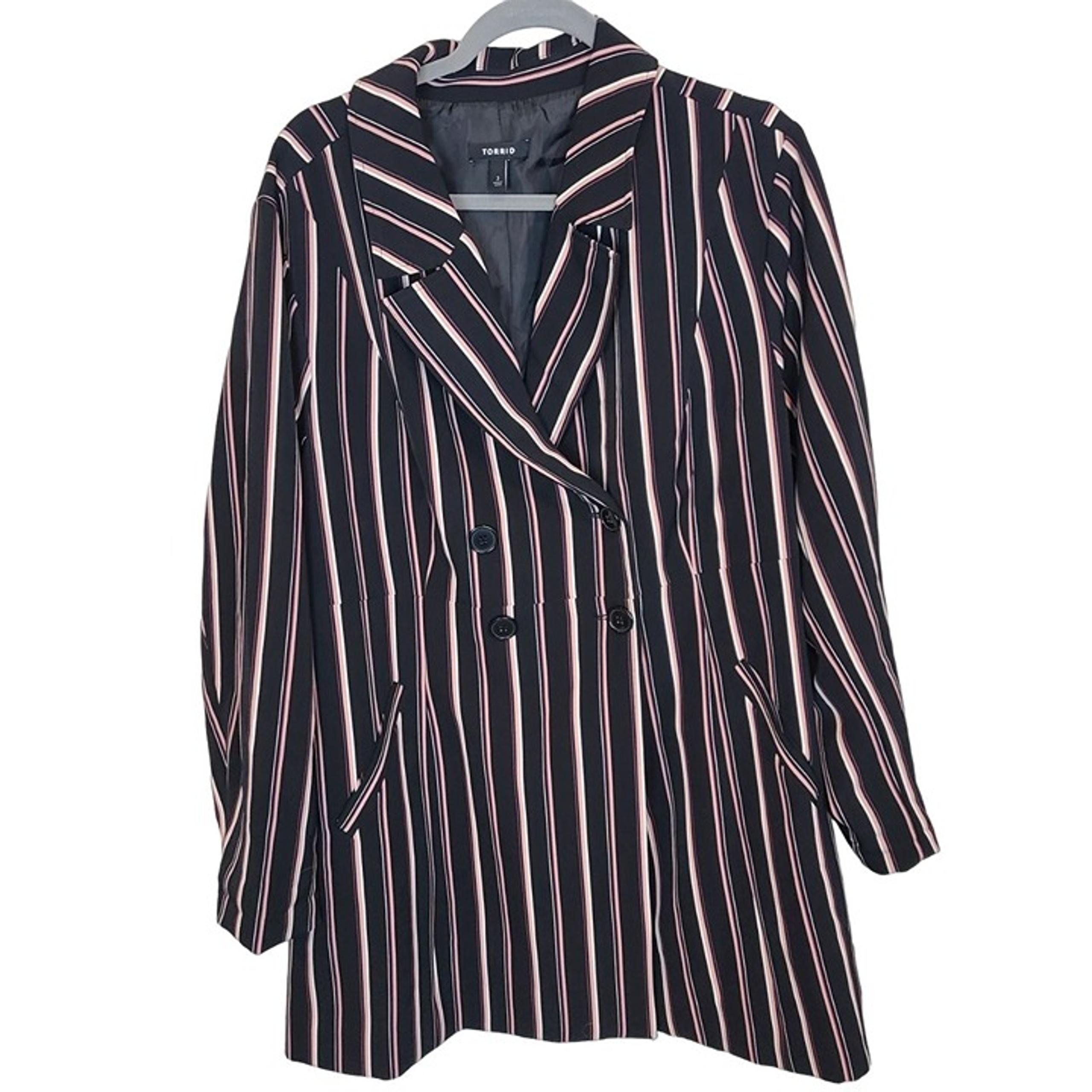 Torrid Womens 3X Black Pink Striped Long Sleeves Double Breasted Trench Coat