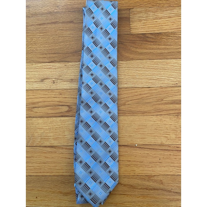 Pronto-Uomo Tie Gray Blue with squares- Silk 66 1/2in long x 3 in wide