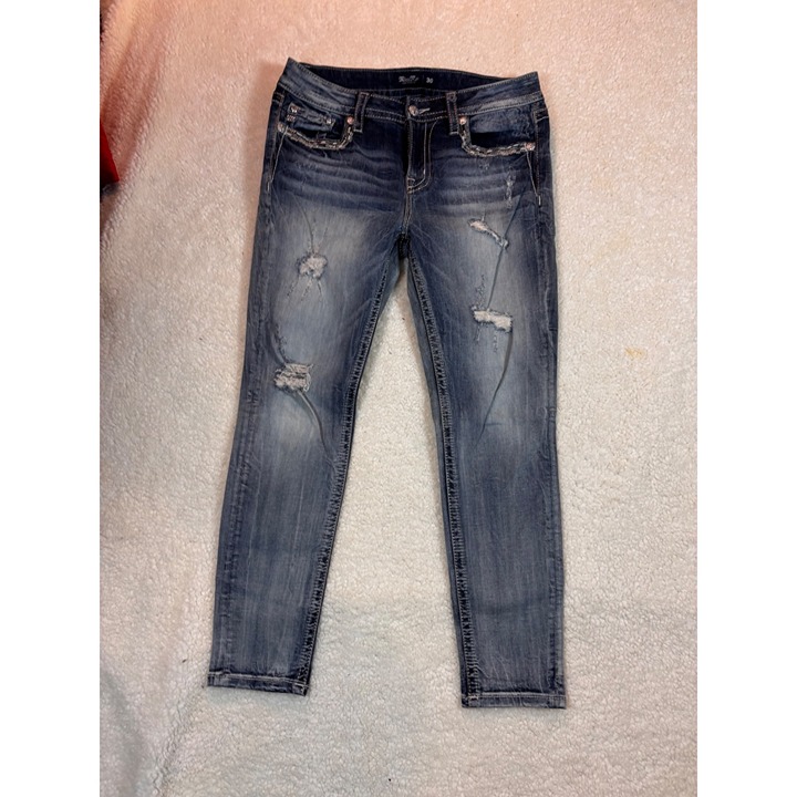 Miss Me Womens Blue Jeans, Mid-Rise Ankle Skinny , Size 30x26.5 Embroidered