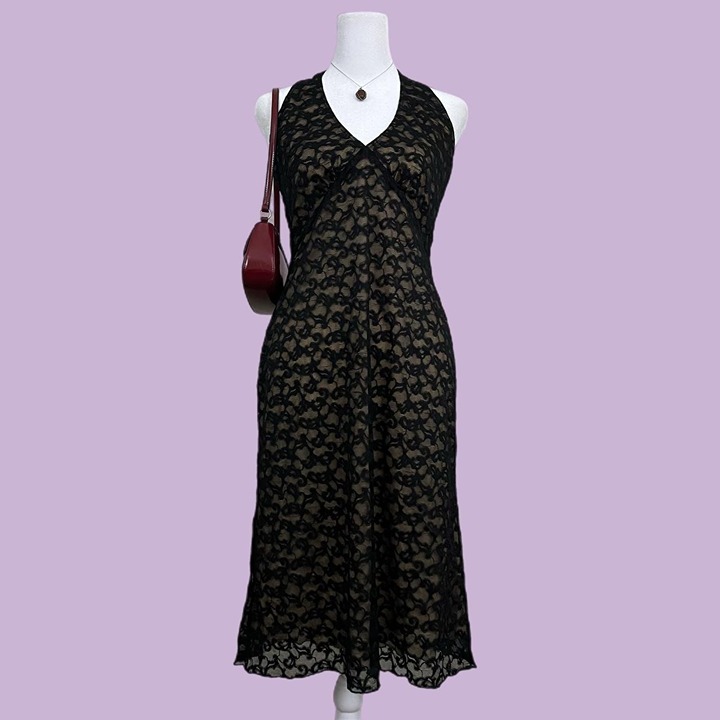 black floral lace vintage 90s halter neck midi dress