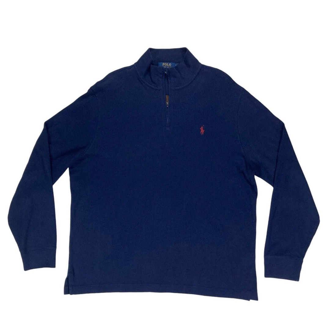 Polo Ralph Lauren Sweater Mens L Navy Blue Estate Rib 1/4 Zip Mock Neck Pullover