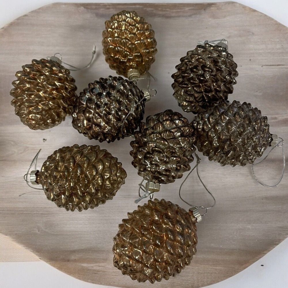8 Vintage Pinecone Christmas Ornaments Shiny Gold Brown 3.25 Mercury Glass