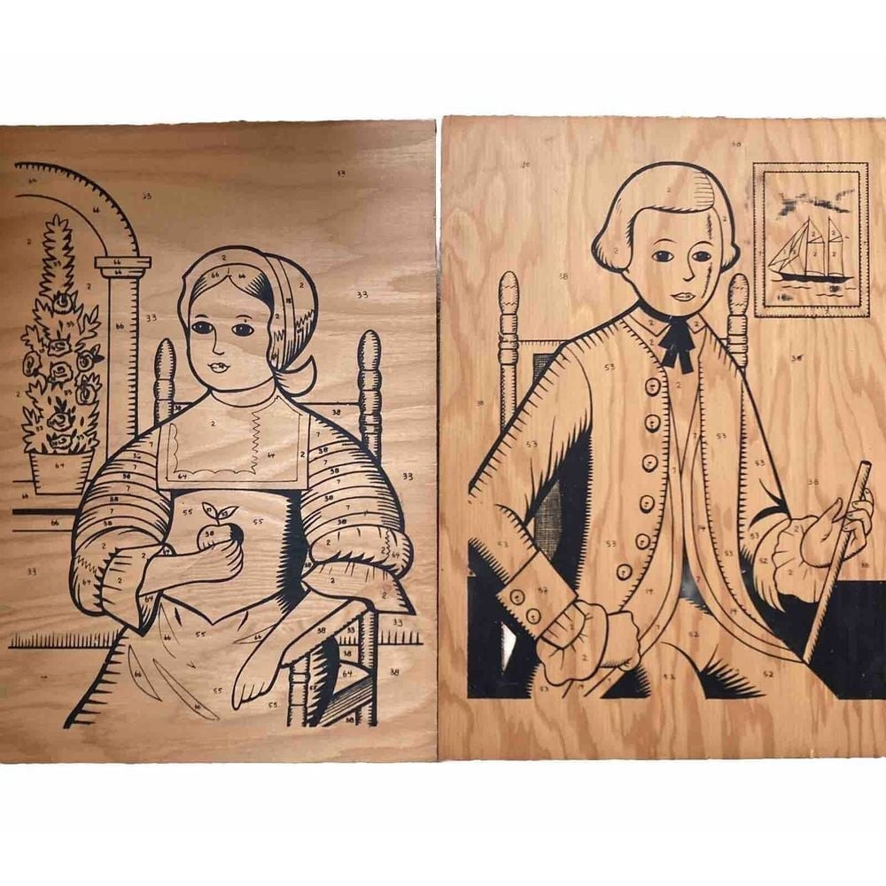 1960s Pair of American Folk Portraits on Wood Wall Art Paint By Number Vintage