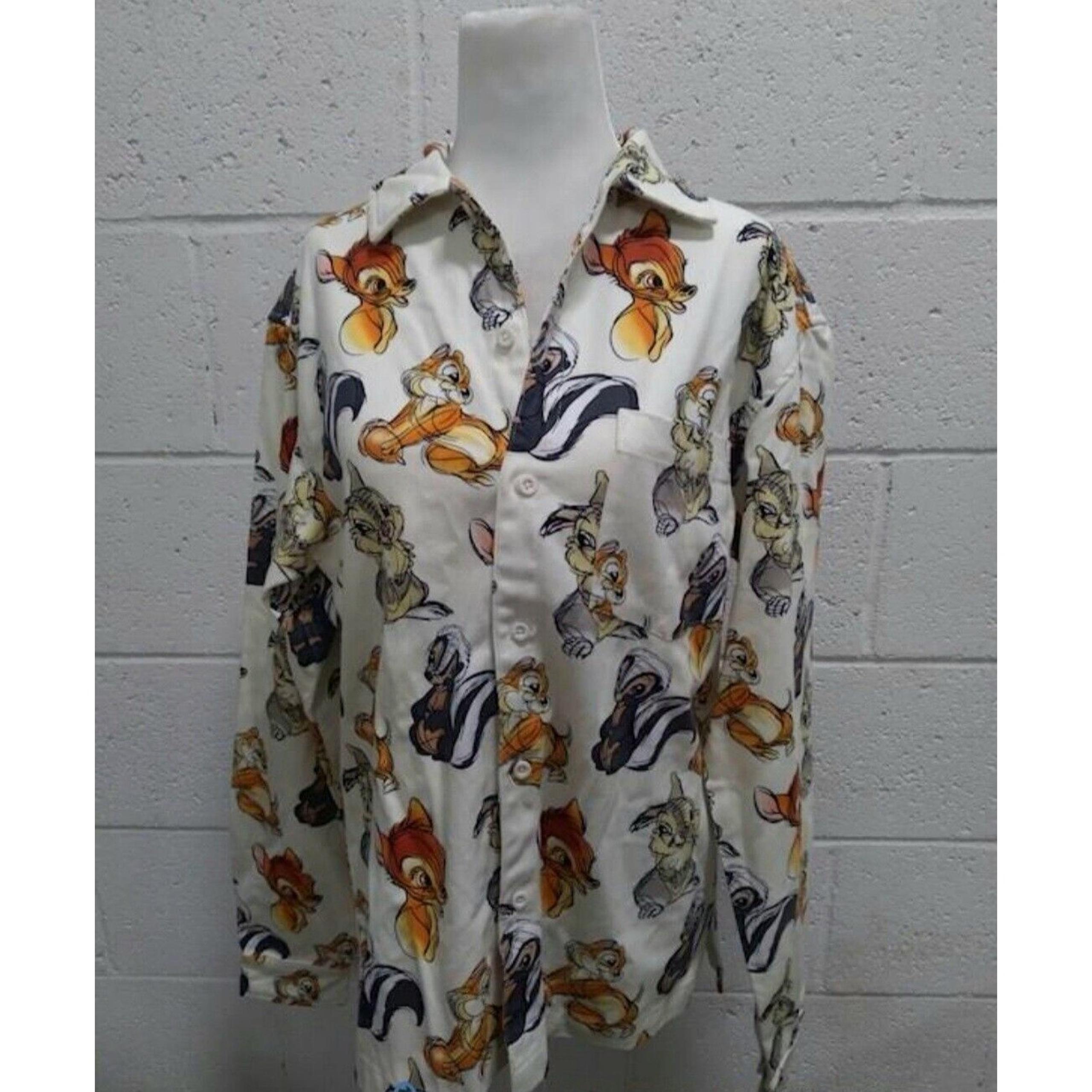 Bambi Pajama Button Up Shirt Size S Thumper Chipmunks and Critters All Over VTG