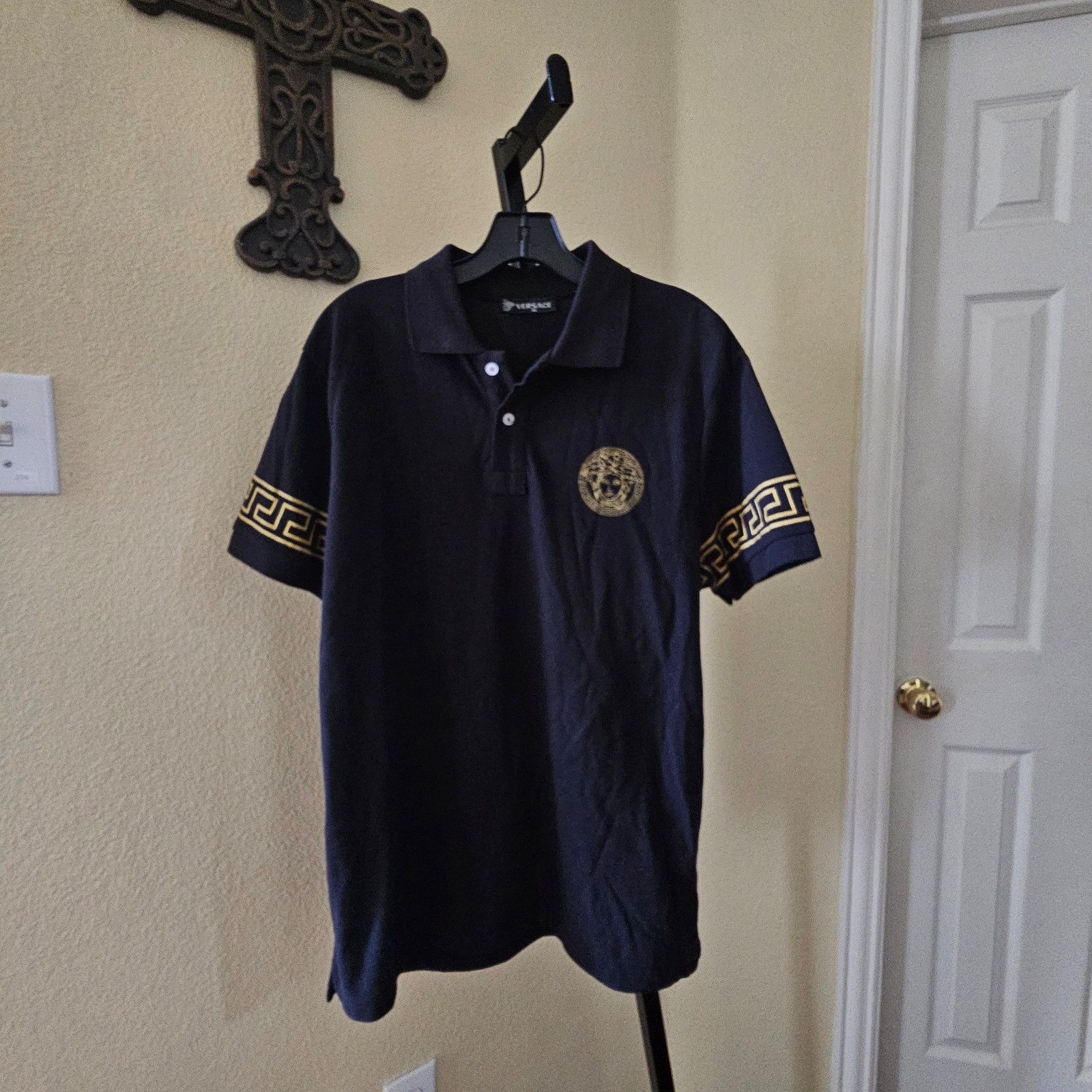 Versace Men's Black Polo Shirt with Gold Accents XL