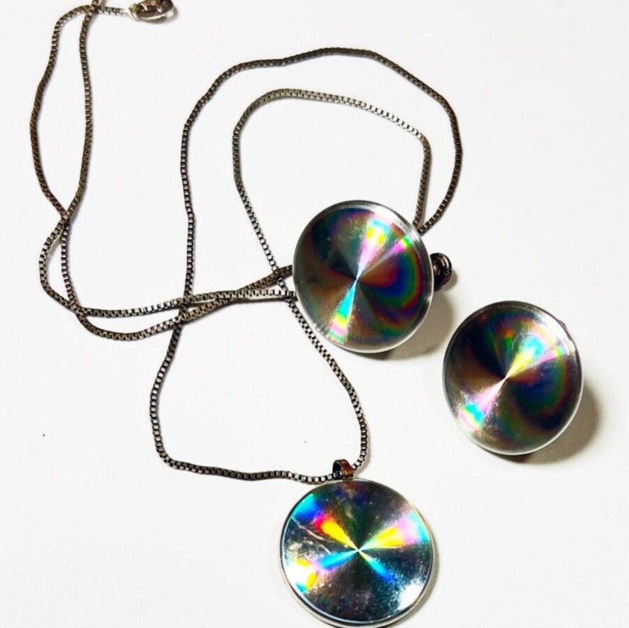 1960s Holographic Glass Discs on Sterling Screwback Earrings 16 Chain &Pendant
