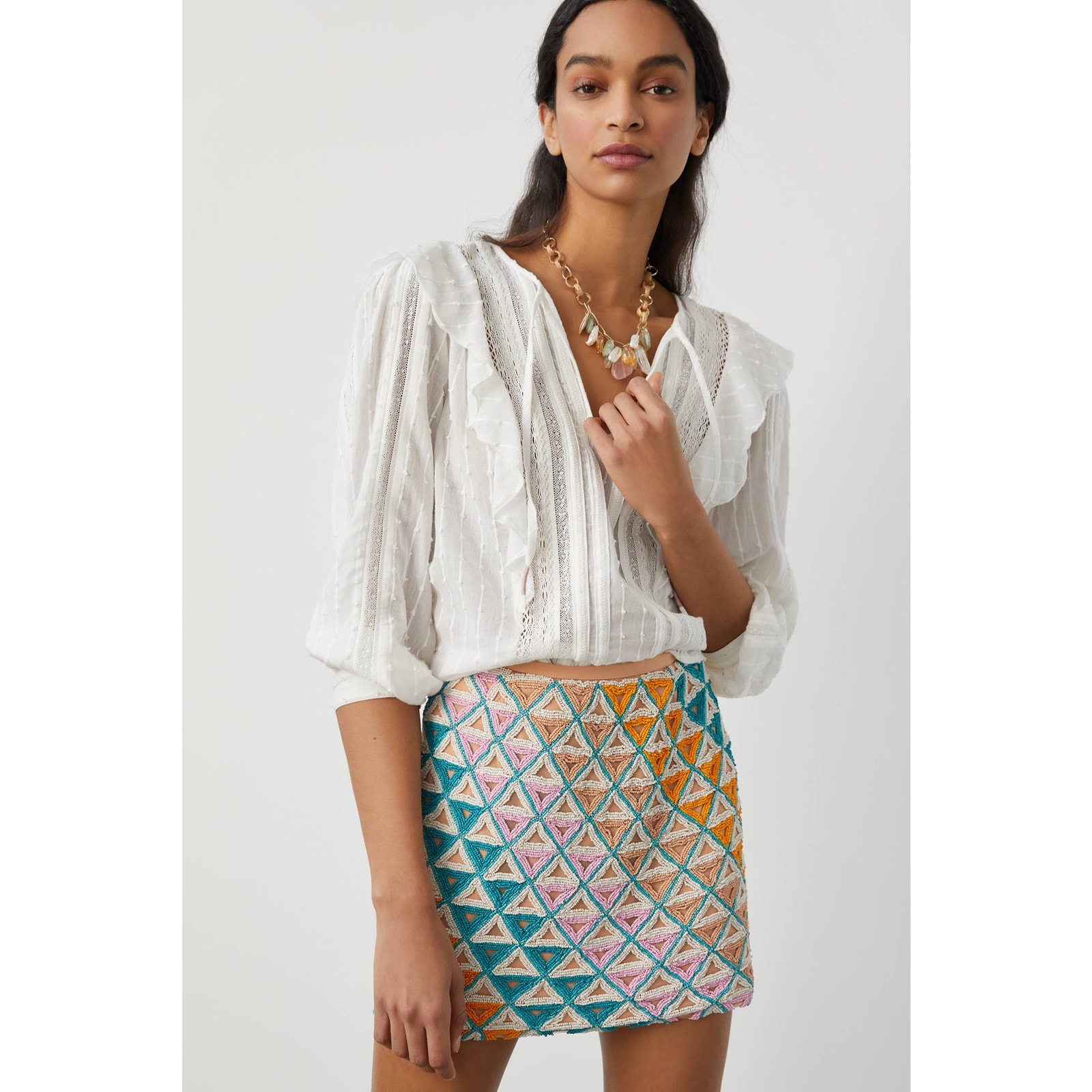 New Anthropologie WALTER BAKER Slim Hand-Beaded Mini Skirt 298 Pink Combo