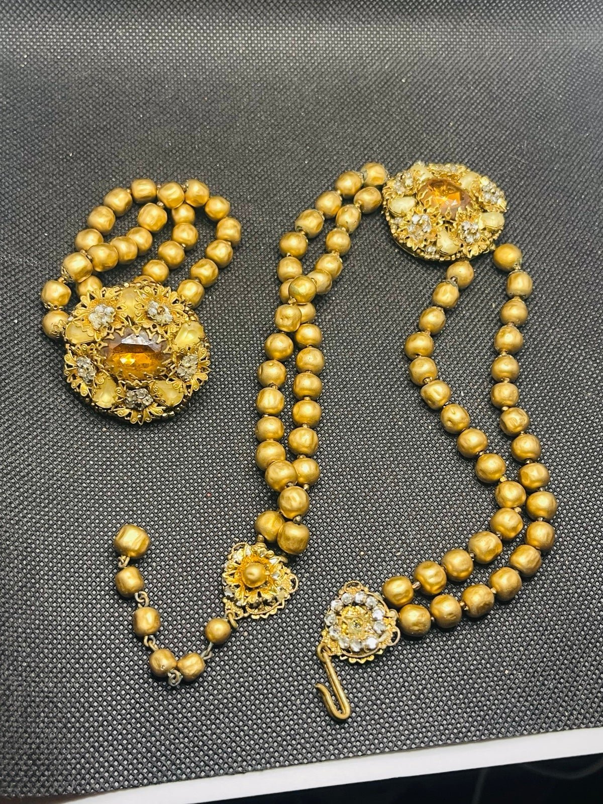 Vintage Miriam Haskell gold pearl citrine glass rhinestone necklace bracelet set