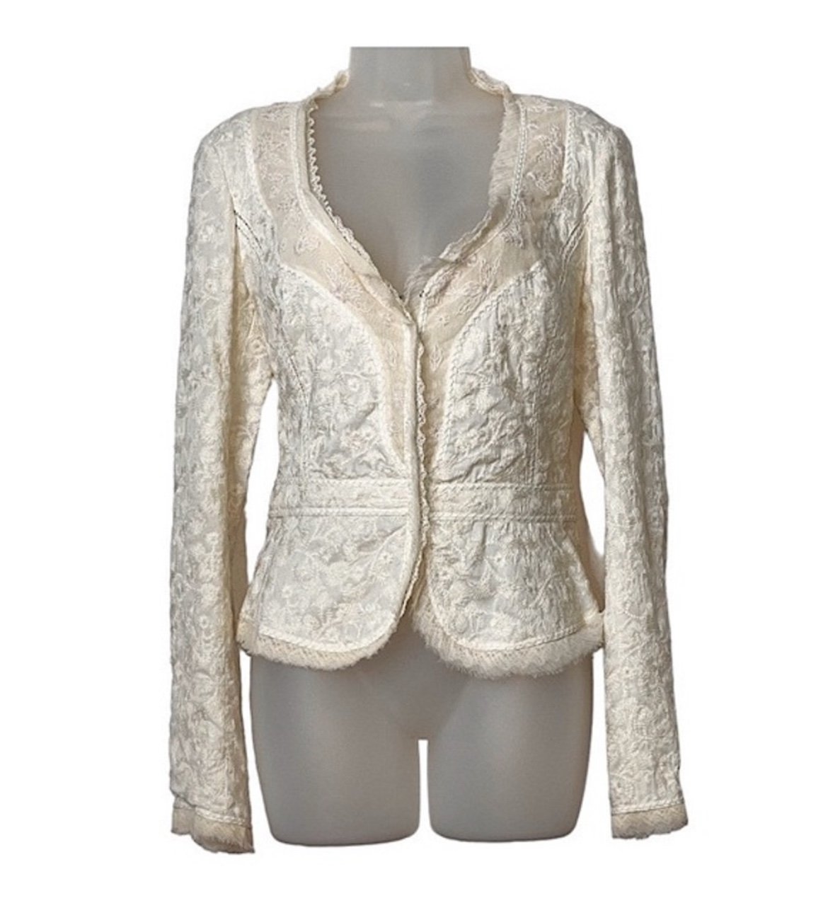 Elie Tahari Emilia Embroidered Lace Tulle Trim Peplum Jacket Blazer Medium Cream