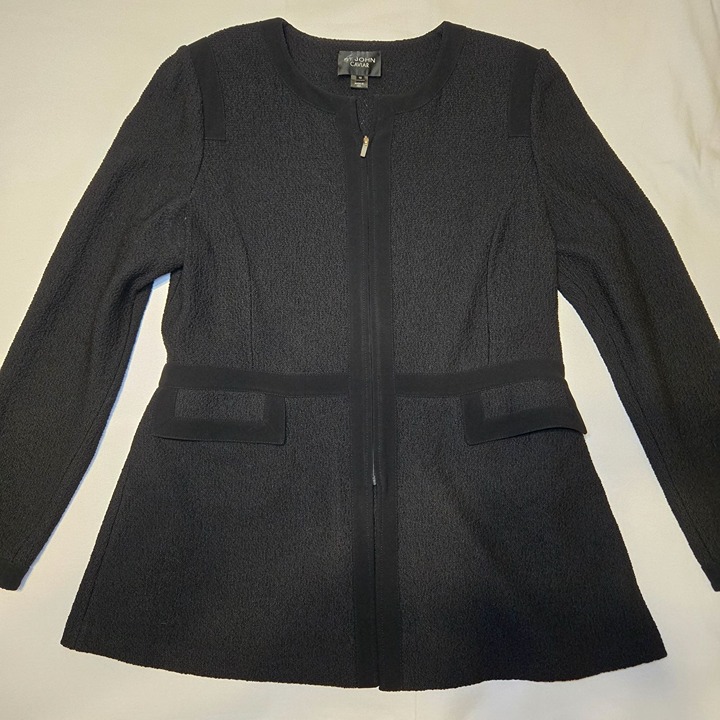 St. John Caviar SZ 12 Black Wool Blend Textured Long Sleeve Zip Front Jacket