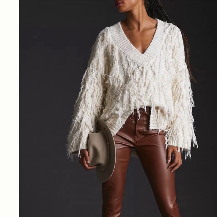 Anthropologie Fringed V-Neck Sweater