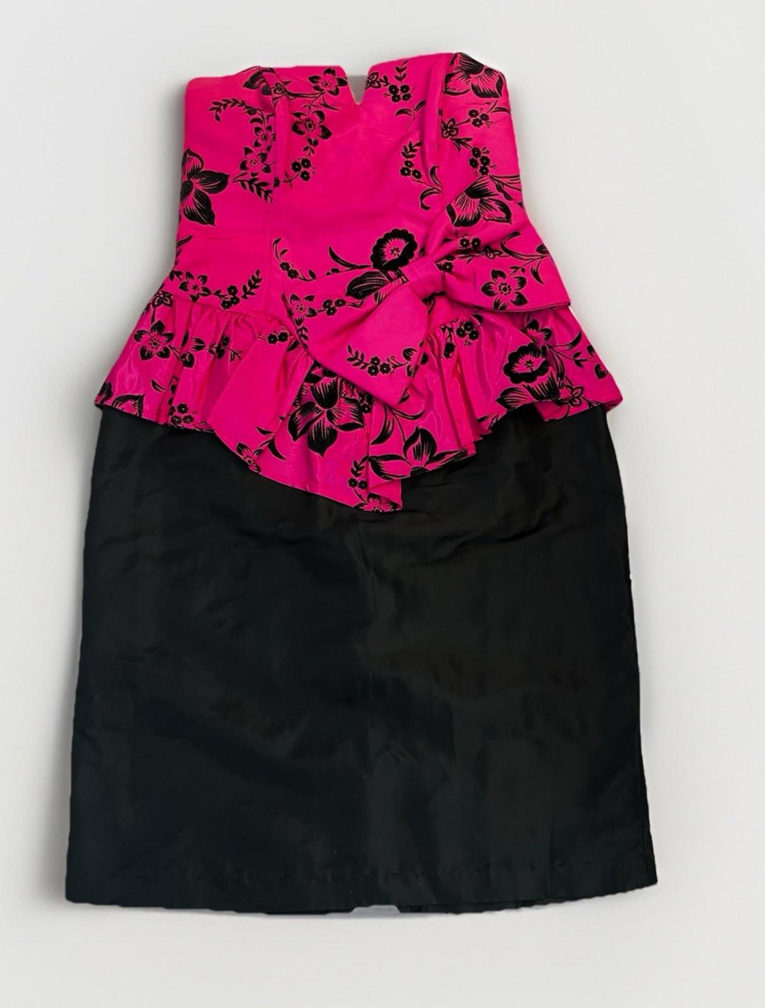 Vintage 80s 90s Dress Roberta Black Hot Pink Strapless Knee Length 5/6 (A6)